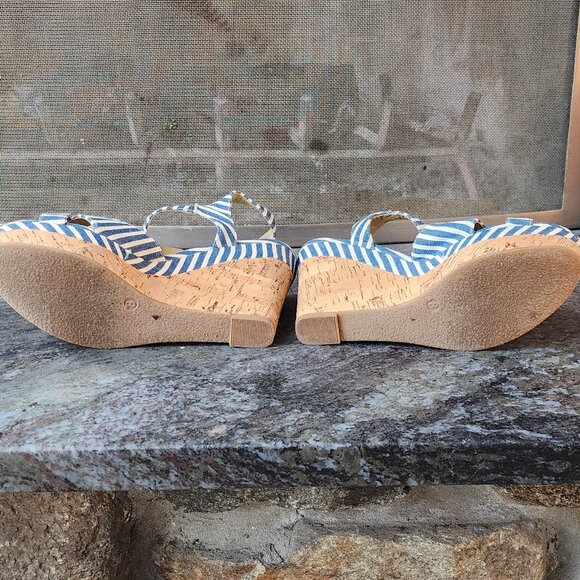 Eva & Zoe Blue/White Striped Sexy 1940s Cork Wedge Sandals Size 8 - Picture 12 of 16